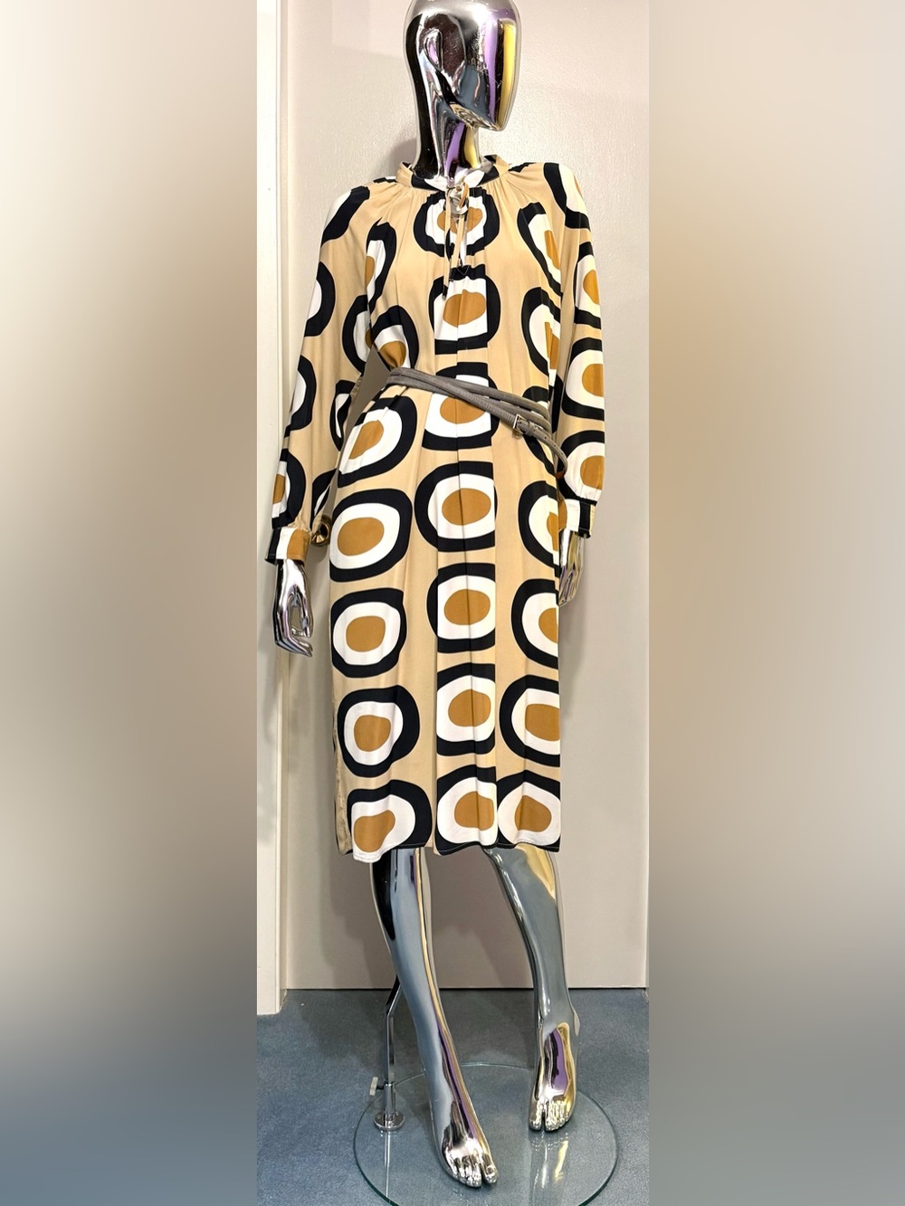 Marimekko Beige, White, Black, Caramel Geometric BOHO Long Sleeve Midi Dress - Picture 6 of 7